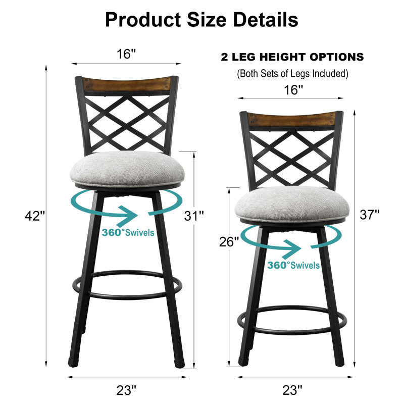 Swivel Bar Stools Set of 2, Counter Height Bar Stools with Cross Back, Upholstered Seat and 2 Height Options - Gray, Gray