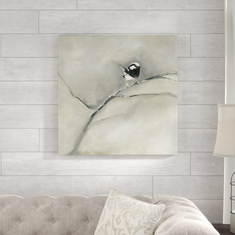 Oiseau noir et blanc sur une branche délavée - reproduction sur toile, H 30 po x l 30 po