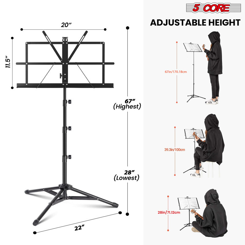 Adjustable Black Metal Tripod Music Stand with Large Tray