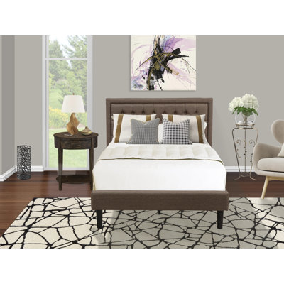 Ensemble de chambre à coucher en bois 2 pièces - 1 lit plateforme avec tête de lit capitonnée en tissu de lin brun capitonné et 1 table de chevet en bois - Table de chevet à finition jacobine patinée