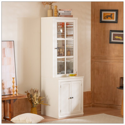 75.25'' Tall Freestanding Pantry Cabinet With Glass Door & Lattice Window, Farmhouse Display Cabinets With Storage, Hutch With Double-Action LH&RH Door, For Hallways, Livingroom Kitchen & Office,White