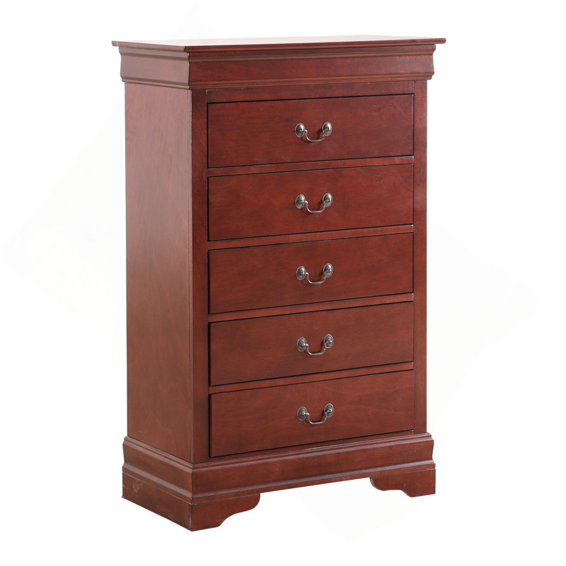 Commode verticale à 5 tiroirs avec poignées décoratives, Cerisier