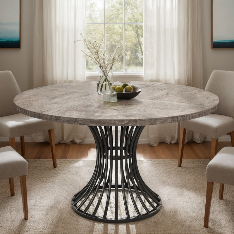 Table de salle à manger ronde de style industriel pour 4 à 6 personnes, table de cuisine de style campagnard avec piètement en métal en forme de sablier