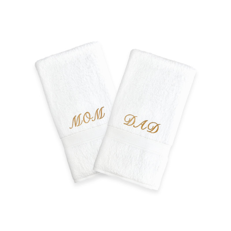Mom & Dad 2 Piece 100% Cotton Hand Towel Set, White/Gold