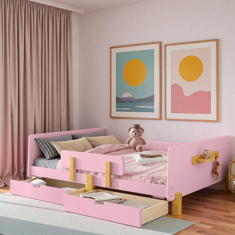 Lit plateforme avec tiroirs de rangement, garde-corps, petite tablette et crochets, Light White, Full 