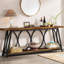 Console industrielle extra longue 70,9 po avec tablettes de rangement à 2 niveaux, structure rustique en métal brun et noir pour les intérieurs modernes