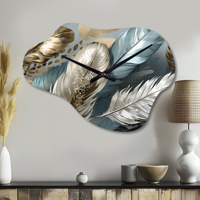 Or doré plumes IV - Glam Feather nuage horloge murale en métal, or horloge murale asymétrique, Grand