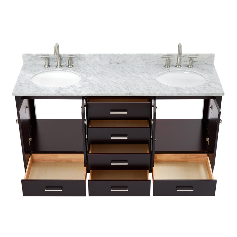 Meuble-lavabo double 67 po avec plateau Flynt, Espresso, Nickel brossé