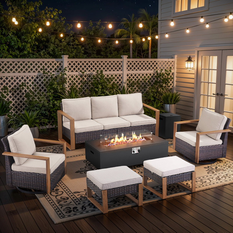 Bruner 6-Piece All Weather Wicker Patio Fire Pit Table Conversation Set With Hidden Tank Holder, Swivel Gliders And Ottomans
