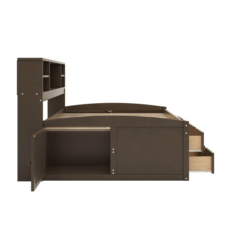 Full Wood Daybed With 2 Bedside Cabinets, Upper Shelves And Drawers, Brown