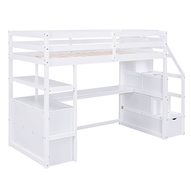 Lit mezzanine avec bureau et tablettes, White