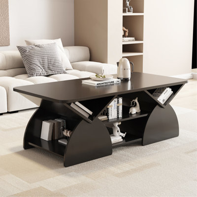 Table basse rectangulaire moderne bleue avec coins arrondis, tablettes de rangement ouvertes et cadre robuste - Table à conception géométrique facile à assembler pour le salon ou la salle de réception 