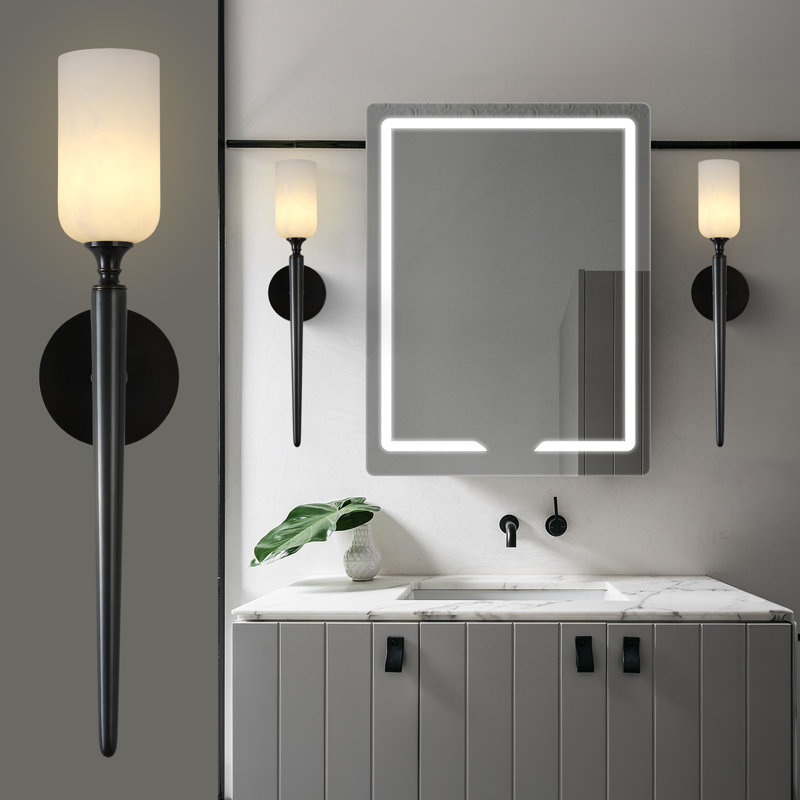 Applique murale à 2 lumières avec abat-jour albâtre Nikaya, Noir mat
