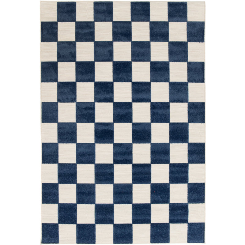 Aurelio Chequered Machine Woven Relief Indoor Outdoor Navy Area Rug, Rectangle 123 x 170cm