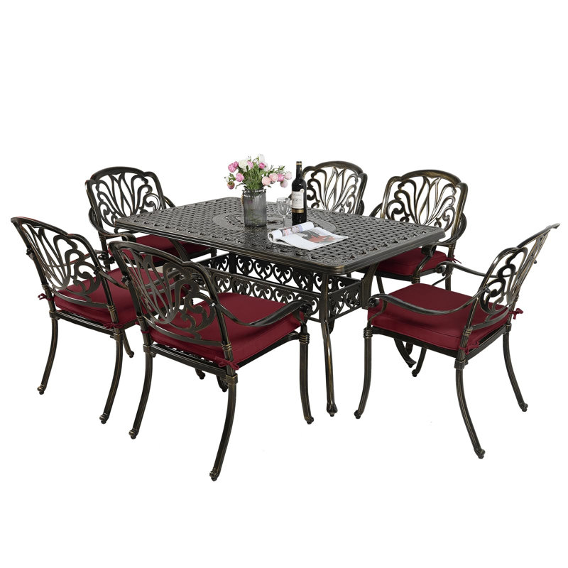 6 - Person Patio Dining Set with Rectangular Table , Cushions Included, Chili Red