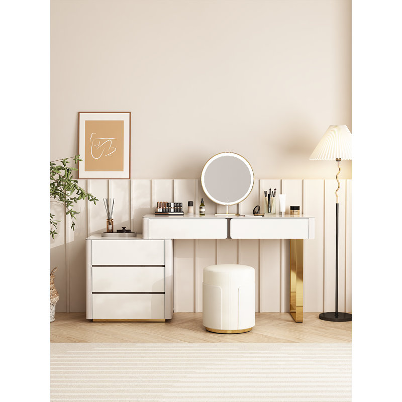 Modern Vanity Table Set w/ LED Mirror & Stool, Saddle Leather Makeup Desk Combo, Stainless Steel , Rock Panel, Storage Drawers for Bedroom Dressing Table