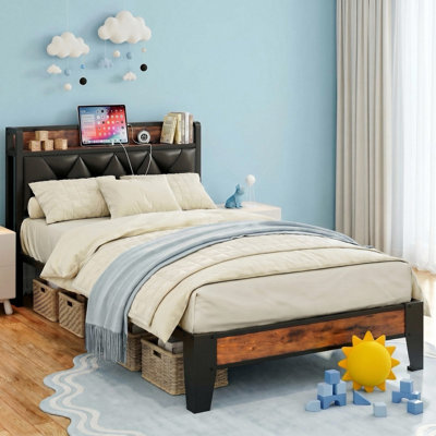 Rustic Twin Bed Frame with Storage Headboard & Built-in Outlets, No Box Spring Needed, Easy Assembly