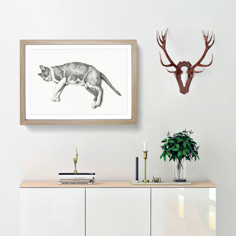Playful Cat by Jean Bernard - Picture Frame Drawing Print, 48cm H x 65cm W x 2cm D, Oak Framed