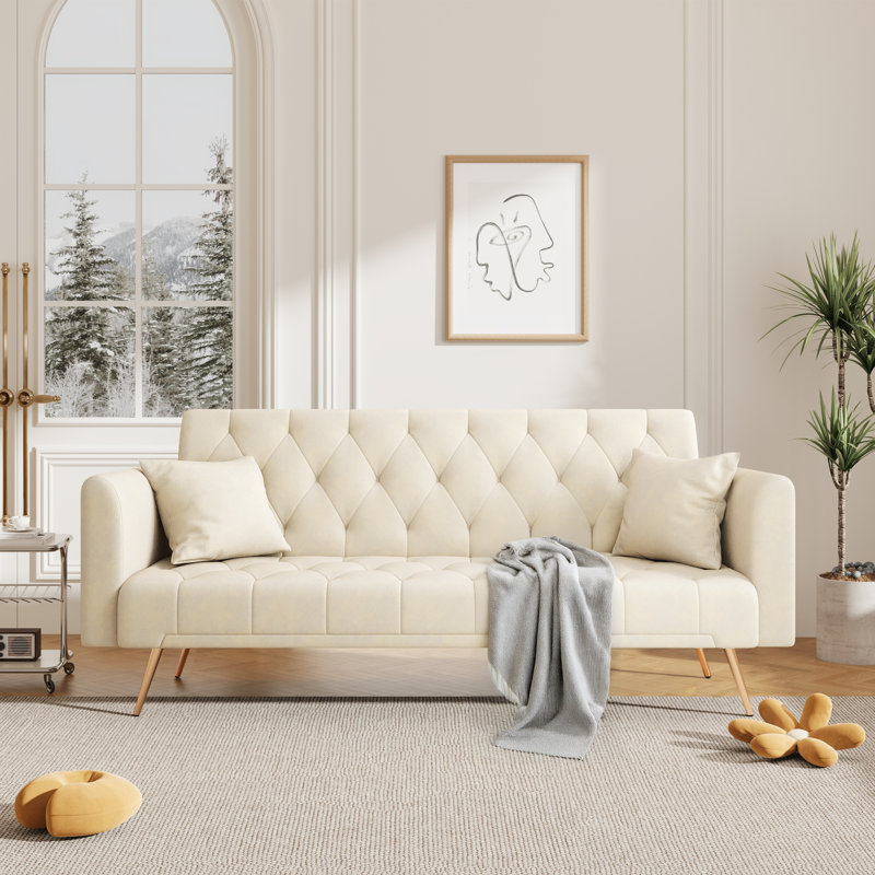 Convertible Futon Sofa Bed Sleeper Couch Velvet Upholstered Folding Loveseat With 2 Pillows For Living Room Apartments