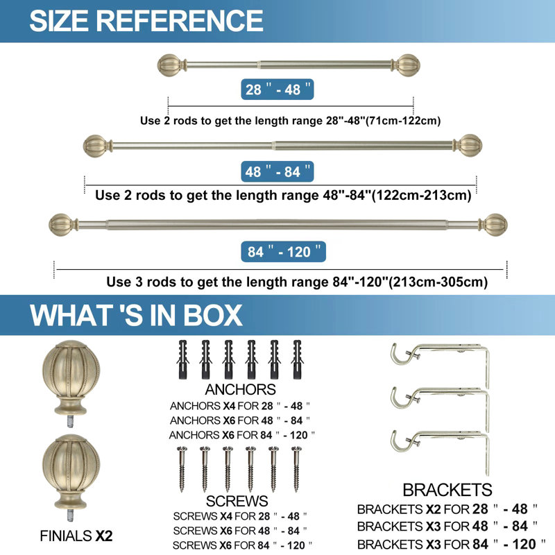 Tringle à rideaux simple à draperie ajustable jordynn, H 1 po x l 120 po x P 7 po, Étain