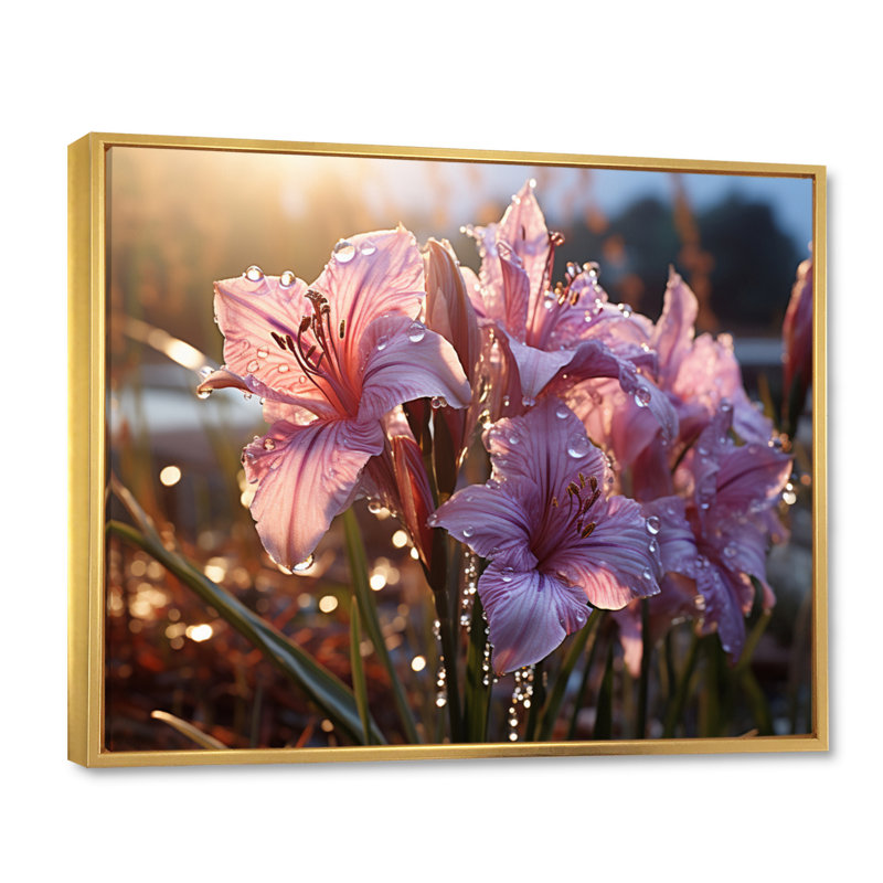 Iris rose champ I - décoration murale florale, 12" H x 20" W, Cadre flottant doré