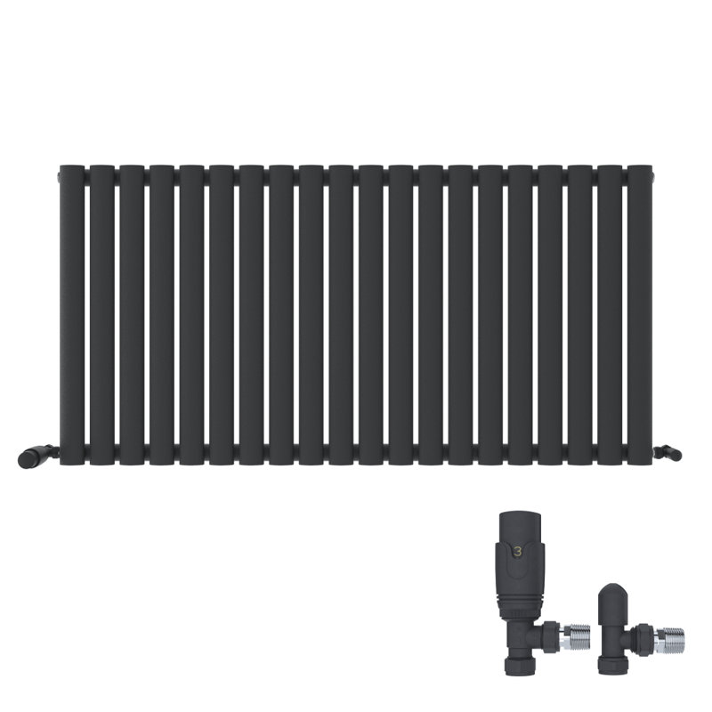 iBathUK Princia Horizontal Single Oval Panel Radiator Angled Valve, 600cm H x 1200cm W x 55cm D, Grey