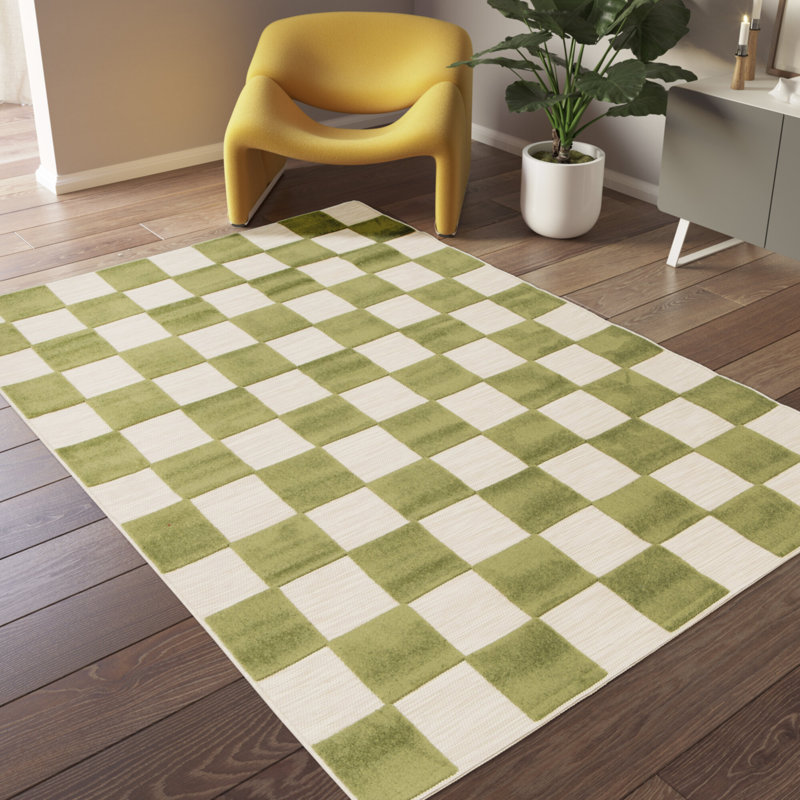 Kiki Chequered Machine Woven Relief Indoor Outdoor Green Area Rug, Rectangle 164 x 230cm