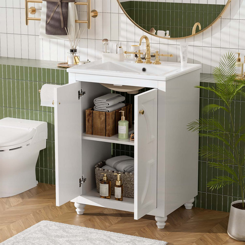 Modern Bathroom Vanity with Sink,Soft-Close Hinges,Ball-Turned Legs, White