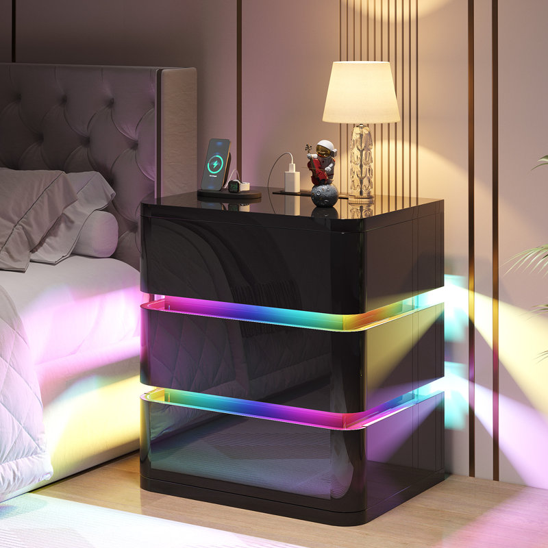 3-Drawer Nightstand With Charging Station And Motion Sensor Rgb Light, Curved Profile Design, No Assembly Required, Black