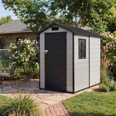 Resin Outdoor Storage Sheds 4x6 ft, Upgraded Double-Wall Outdoor Plastic Shed with Window, Waterproof Lockable Garden Shed for Patio Furniture, Lawn Mower, Bike and Tool Storage
