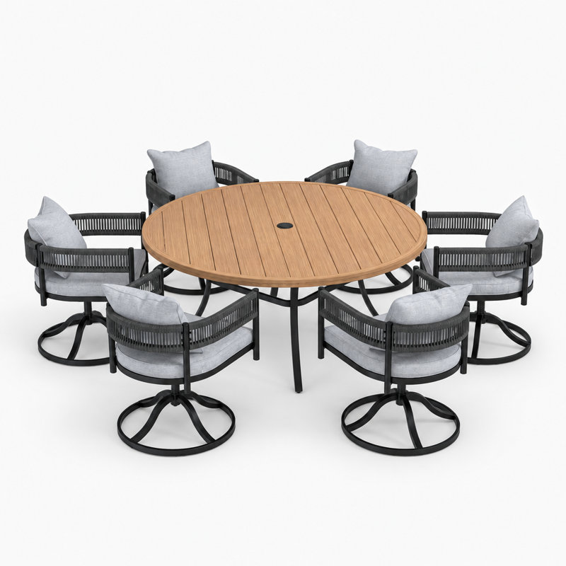 Fran Steel Patio Dining Set Umbrella Hole Included Table,, Walnut/Beige