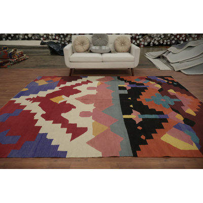 Tapis kilim vibrant en laine avec motifs abstraits audacieux 8 x 10