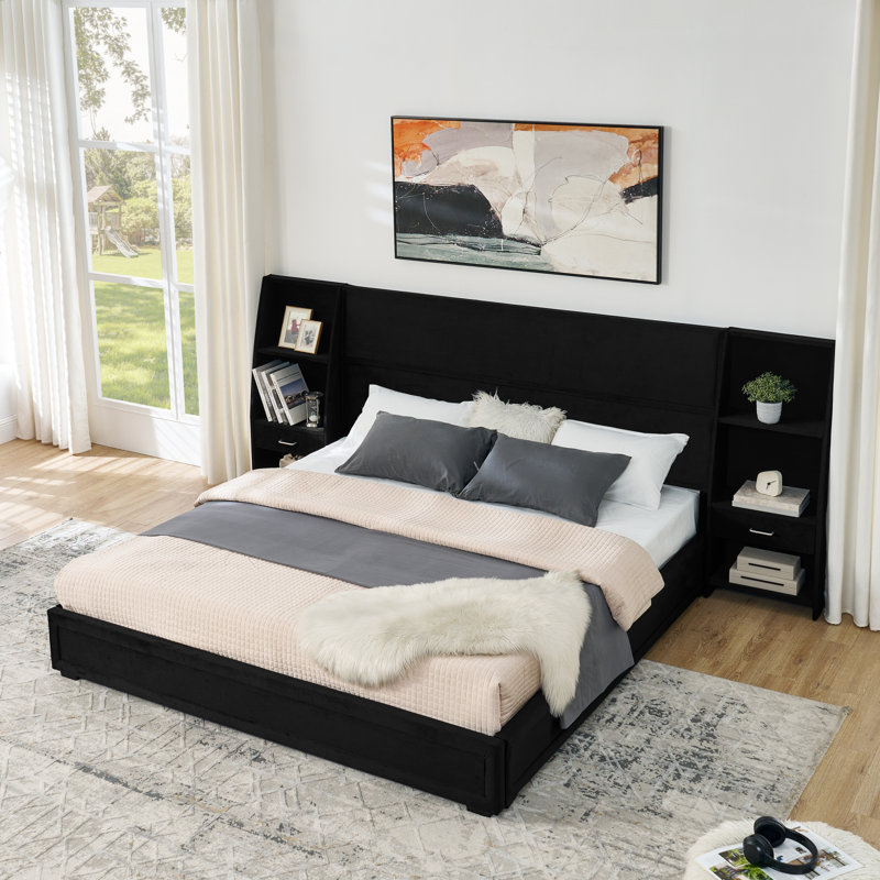 Très grand lit avec rangement, cadre plateforme moderne en MDF, maison noire contemporaine