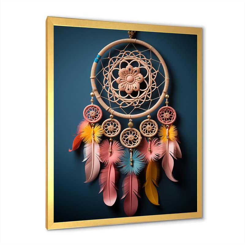 "Capteur de rêves amérindien rose et bleu", Cadre doré simple, H 32 po x l 24 po x P 1 po