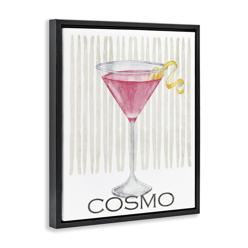 Cadre flottant rose Cosmo sur rayures, design par Kim Allen, Cadre flottant noir de jais, H 21 po x l 17 po
