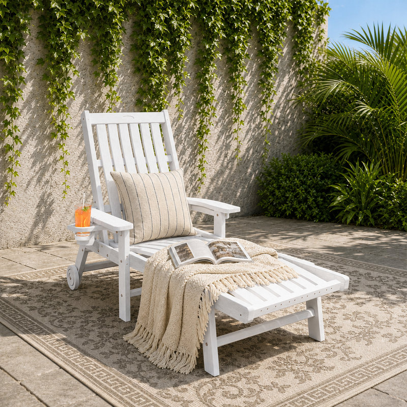 Outdoor HDPE Adjustable Reclining Chaise Lounge Chair With Wheels & Cup Holder, White