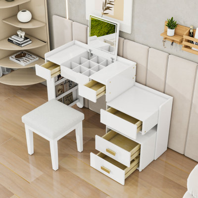 Meuble-lavabo de maquillage avec miroir rabattable, lumière DEL, armoire latérale rétractable et tabouret rembourré