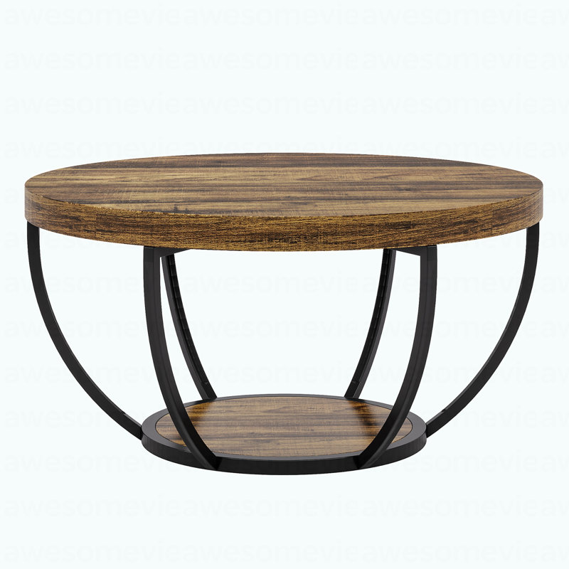 Table basse en bois, table basse ronde à 2 niveaux avec tablettes, Rustic