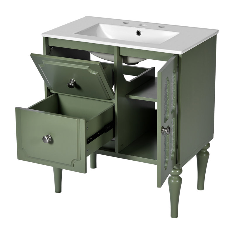 Charmant meuble-lavabo autoportant avec lavabo en résine et compartiments de rangement