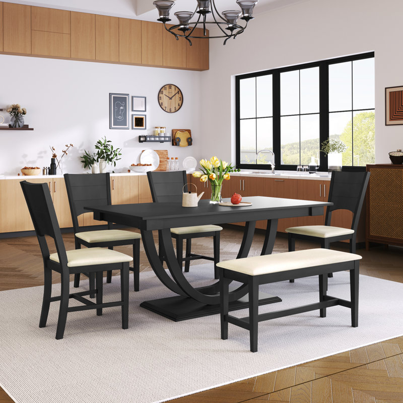 Ensemble de table de salle à manger en bois 6 pièces, ensemble de table de cuisine avec un banc et 4 chaises, Grey, Grey