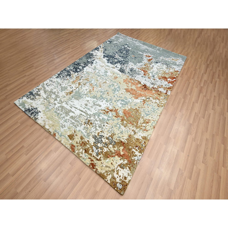 Tapis en laine noué à la main 6 pi x 9 pi 3 po bleu avec motif abstrait Galaxy