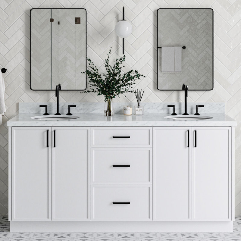 Meuble-lavabo double 73 po avec plateau en marbre de Carrare italien ARIEL Kelly, Blanc
