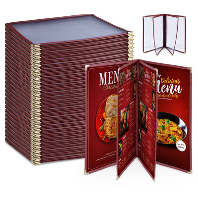 WeChef 30 Pack Menu Covers 8.5 x 11" Book Style Menu Holder 4 Pages 8 Views Restaurant Bar Burgundy