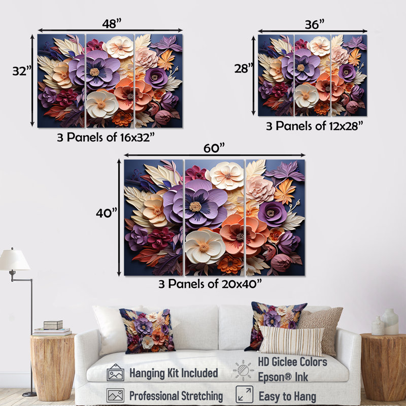 Mauve et pêche artistique dans les pensées - ensemble de décorations murales pensées, H 32 po x l 48 po x P 1 po