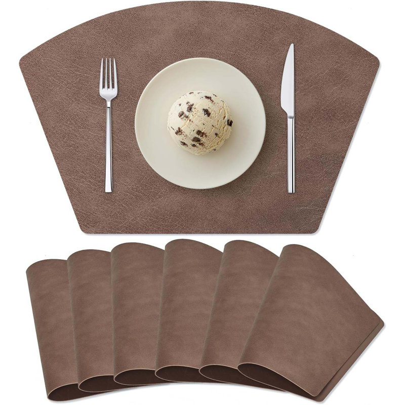 Placemats For Round Table Set Of 6, Faux Leather Wedge Shaped Place Mats For Dining Table, Heat Resistant Washable Wipeable Table Mats Reversible, Coffee