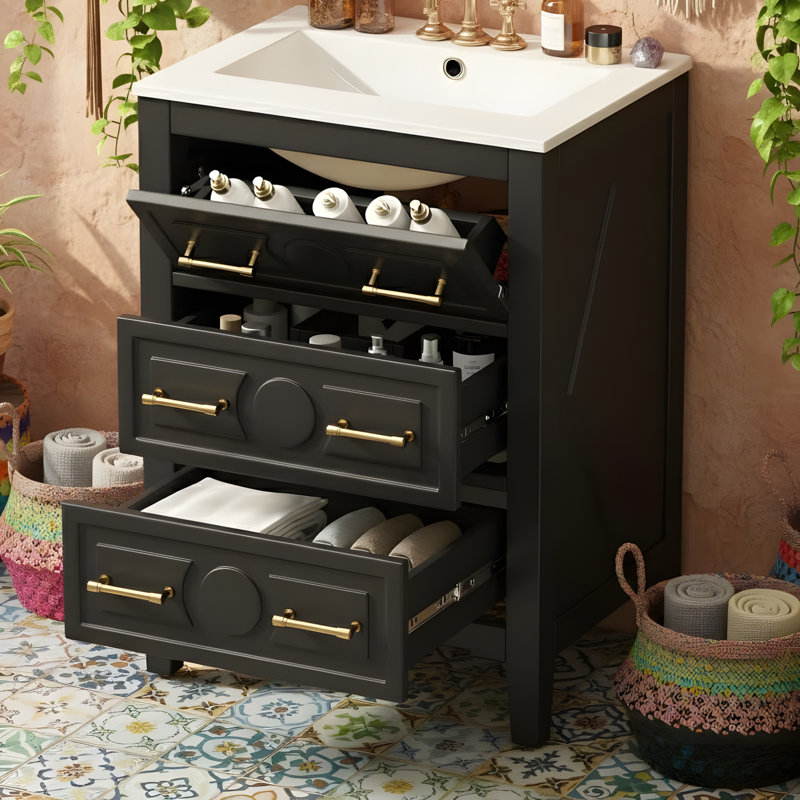 Ceramic Sink Set, Freestanding Single Vanity Unit, Black