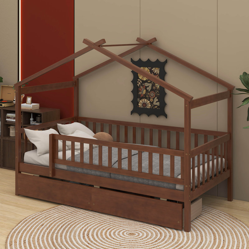 Lit en bois avec deux tiroirs, Noyer, Simple