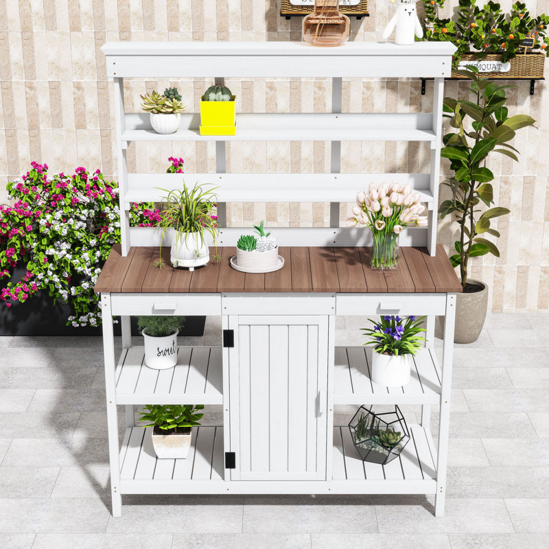 Table de rempotage Farmhouse 66 "avec grande surface de travail, tablettes ouvertes, 2 tiroirs et armoire, Blanc