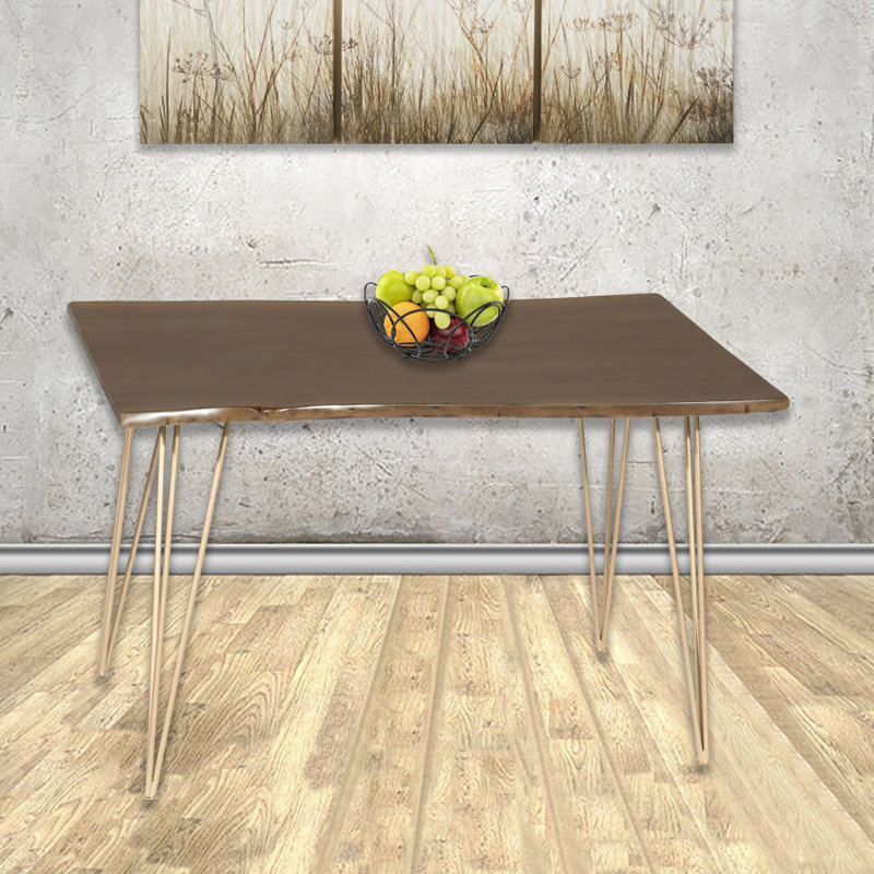 Acacia Solid Wood Top Metal Base Dining Table, Gold, Elm, 76.2cm H x 121.92cm L x 76.2cm W