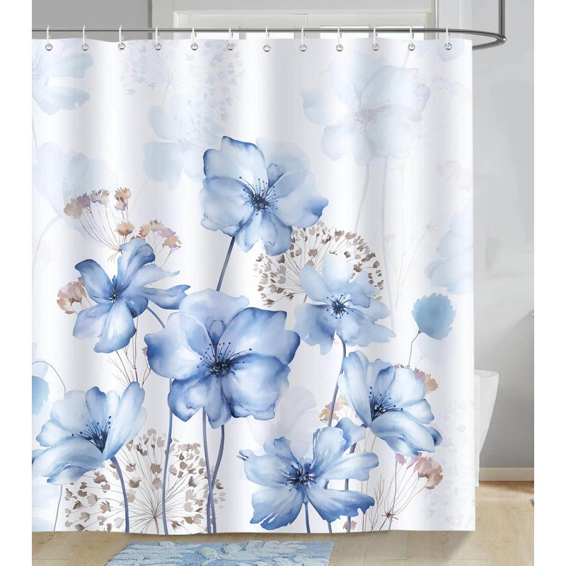 Watercolour Floral Polyester Shower Curtain, Blue